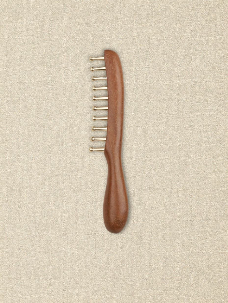 Sukha Vihara Golden Sandalwood & Brass Wide-Tooth Comb