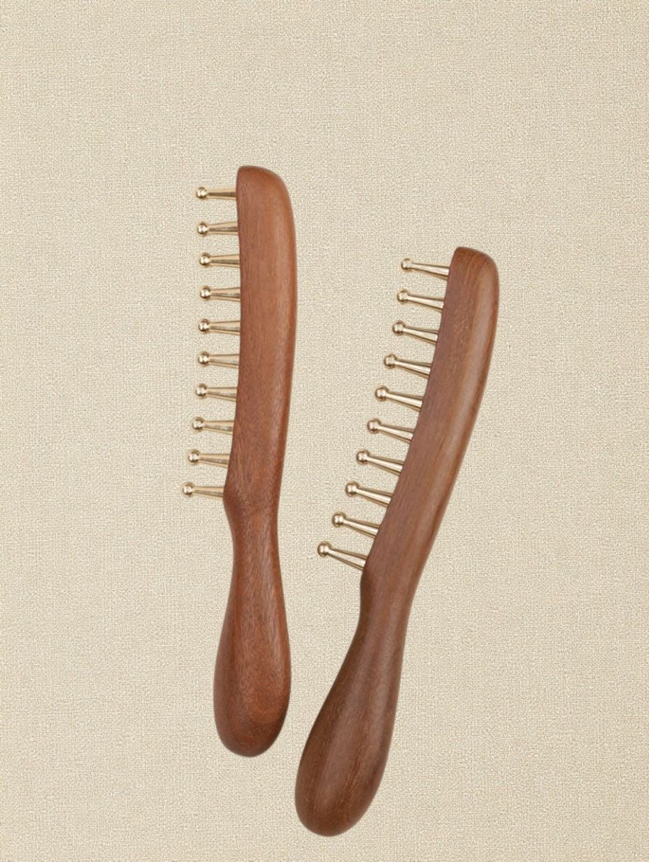 Sukha Vihara Golden Sandalwood & Brass Wide-Tooth Comb