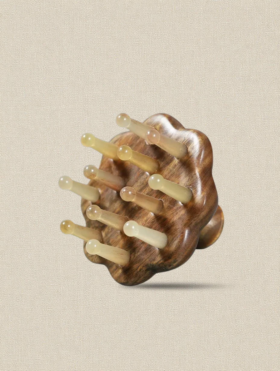 Sukha Vihara Lotus Scalp Massage Comb | Natural Hardwood & Horn Anti-Static Head, Neck & Body Massager