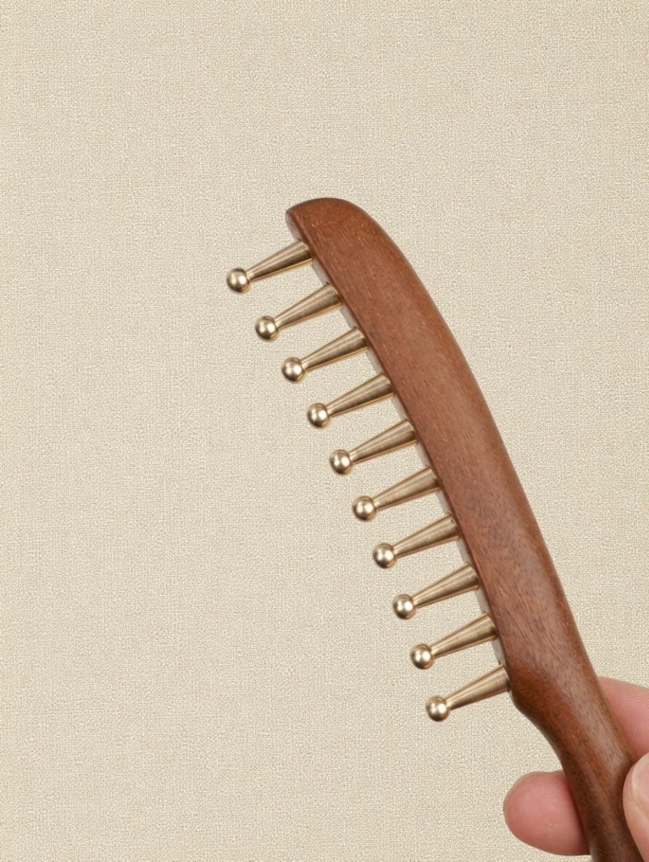 Sukha Vihara Golden Sandalwood & Brass Wide-Tooth Comb