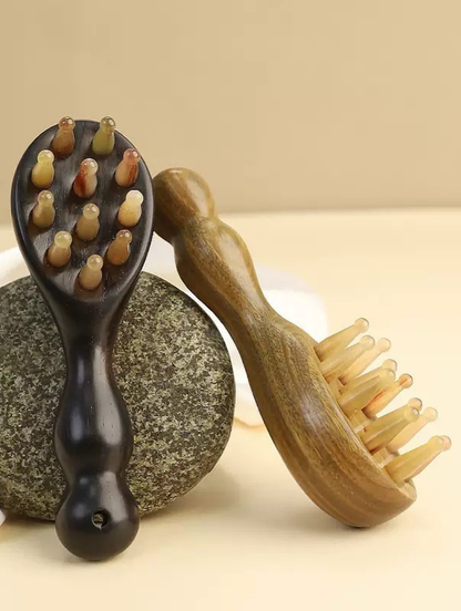Sukha Vihara African Blackwood Pointed Horn Comb& Lignum Vitae Wood Horn Massage Comb | Natural Hardwood Scalp & Body Massager, Portable Travel Comb