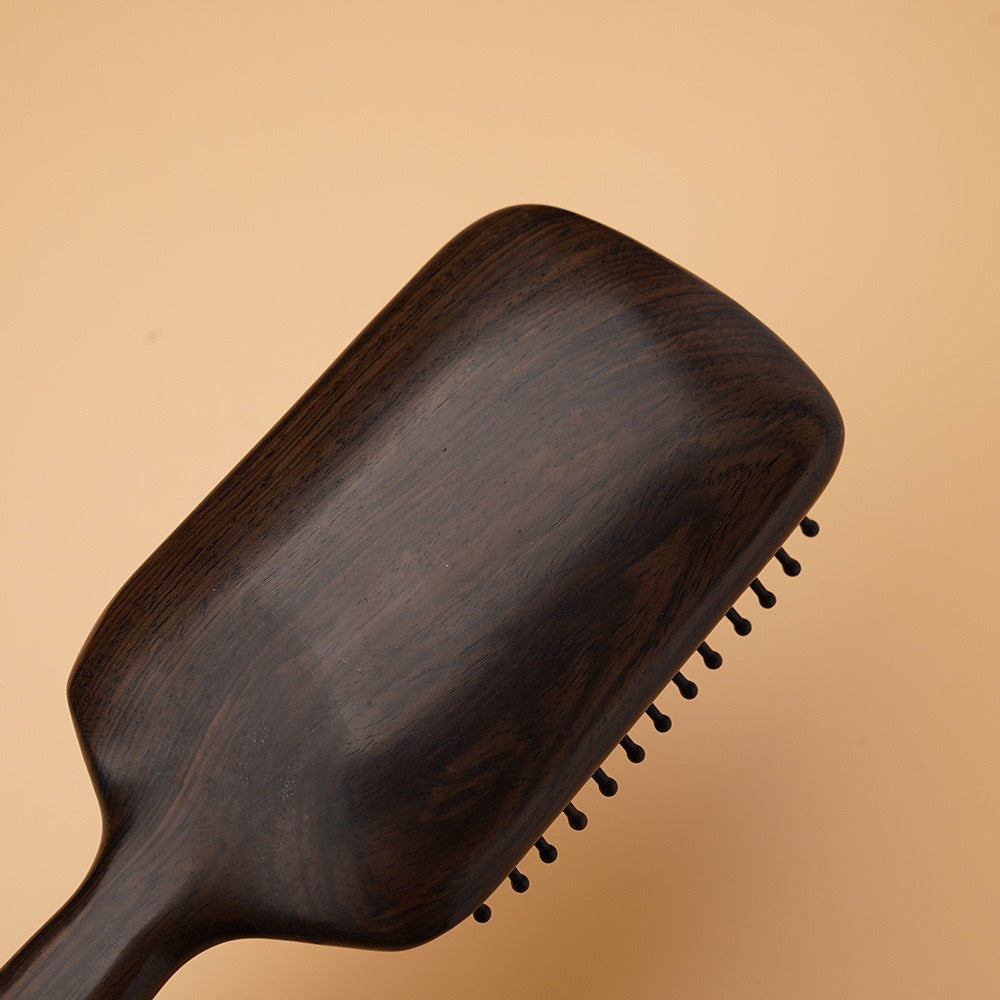 Sukha Vihara Natural Ebony Wood Cushioned Massage Hair Brush | Anti-Static Detangling Paddle Brush for Scalp Massage