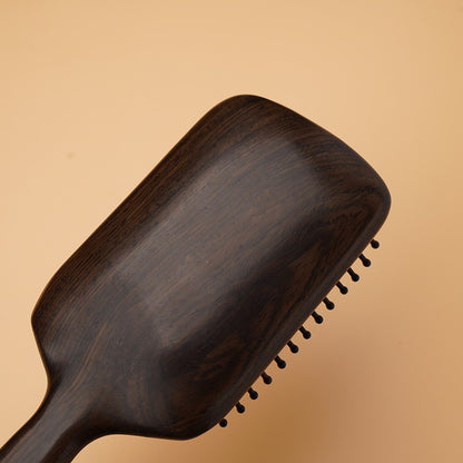 Sukha Vihara Natural Ebony Wood Cushioned Massage Hair Brush | Anti-Static Detangling Paddle Brush for Scalp Massage